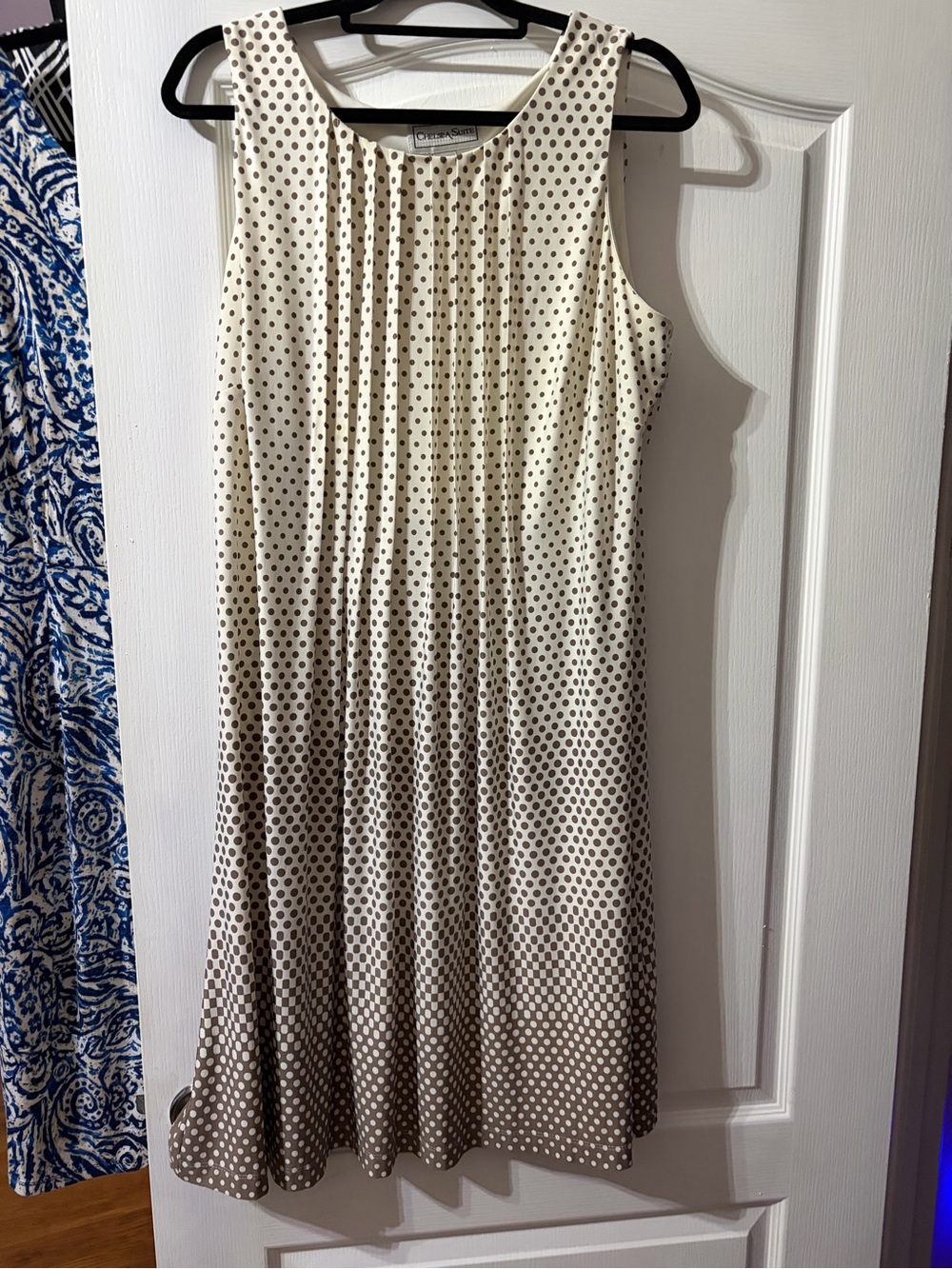 Sleeveless Polka Dot Pleated A-Line Dress in Cream and Brown 16W